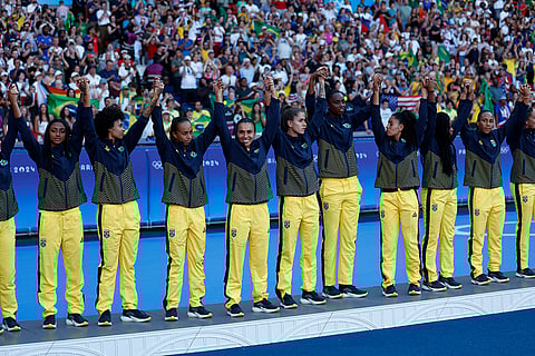 2024 Paris Olympics women's Football: Team Brazil celebrates winning Silver